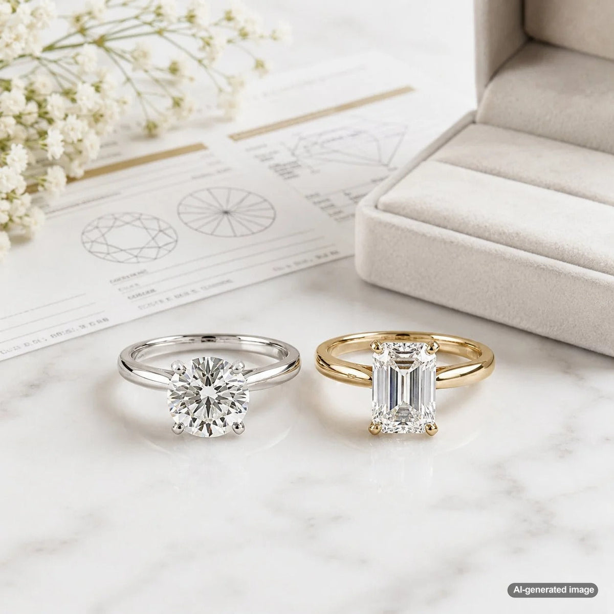 Two GIA-certified diamonds side by side show different brilliance and sparkle, demonstrating that diamonds with the same grade can look very different.