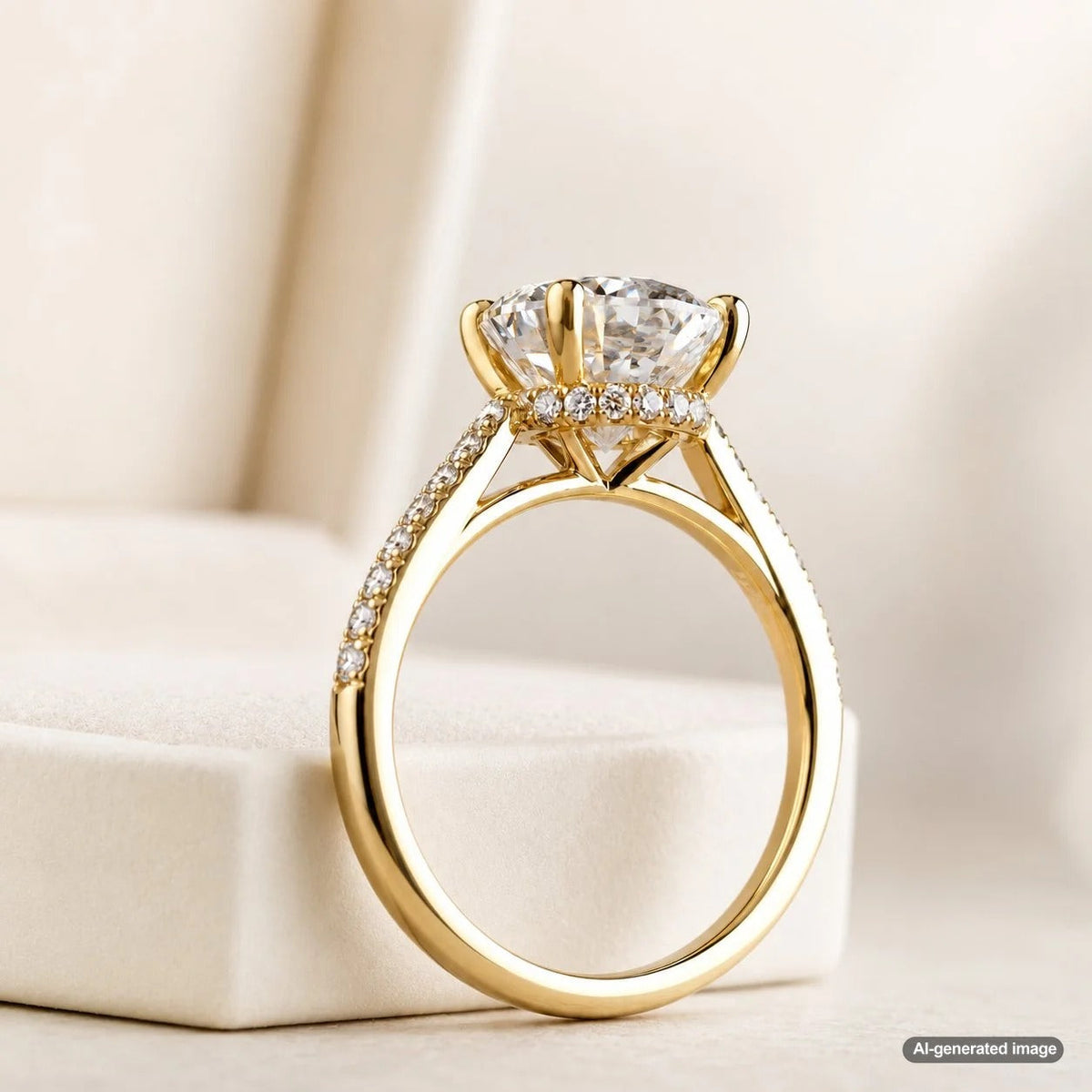 Close up of an engagement ring with a hidden halo setting, highlighting the secret sparkle beneath the center diamond.