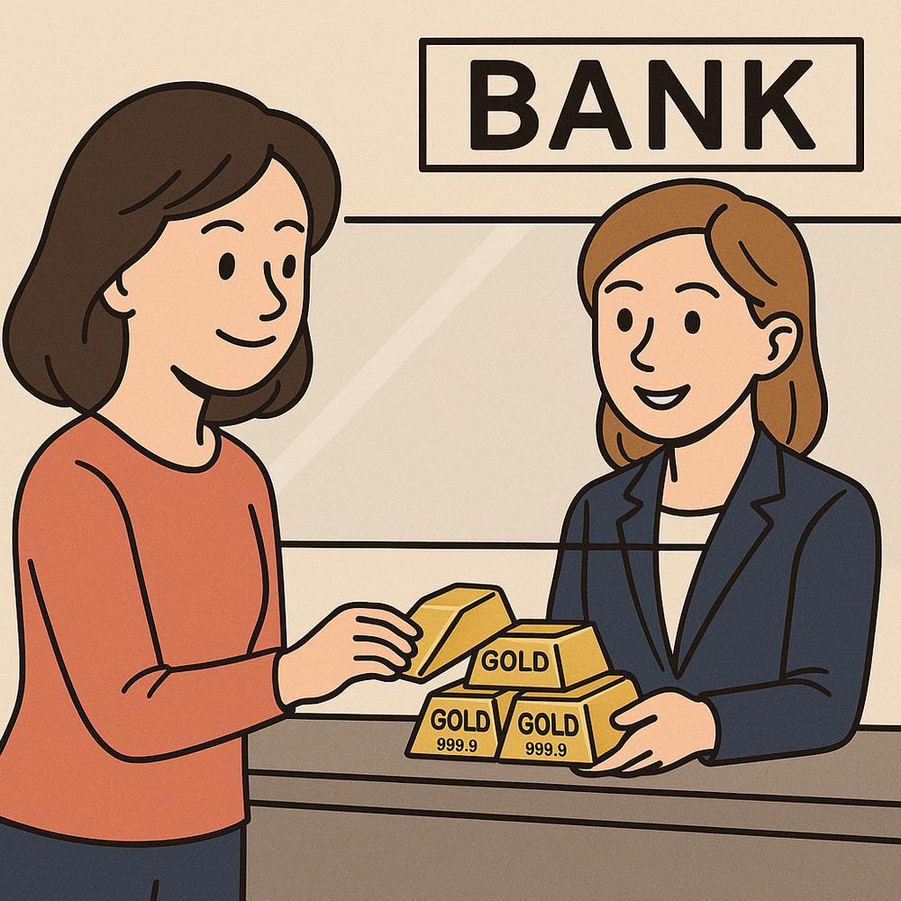 A gleaming ounce of gold bar alongside elegant gold jewelry pieces from Robinson's Jewelers