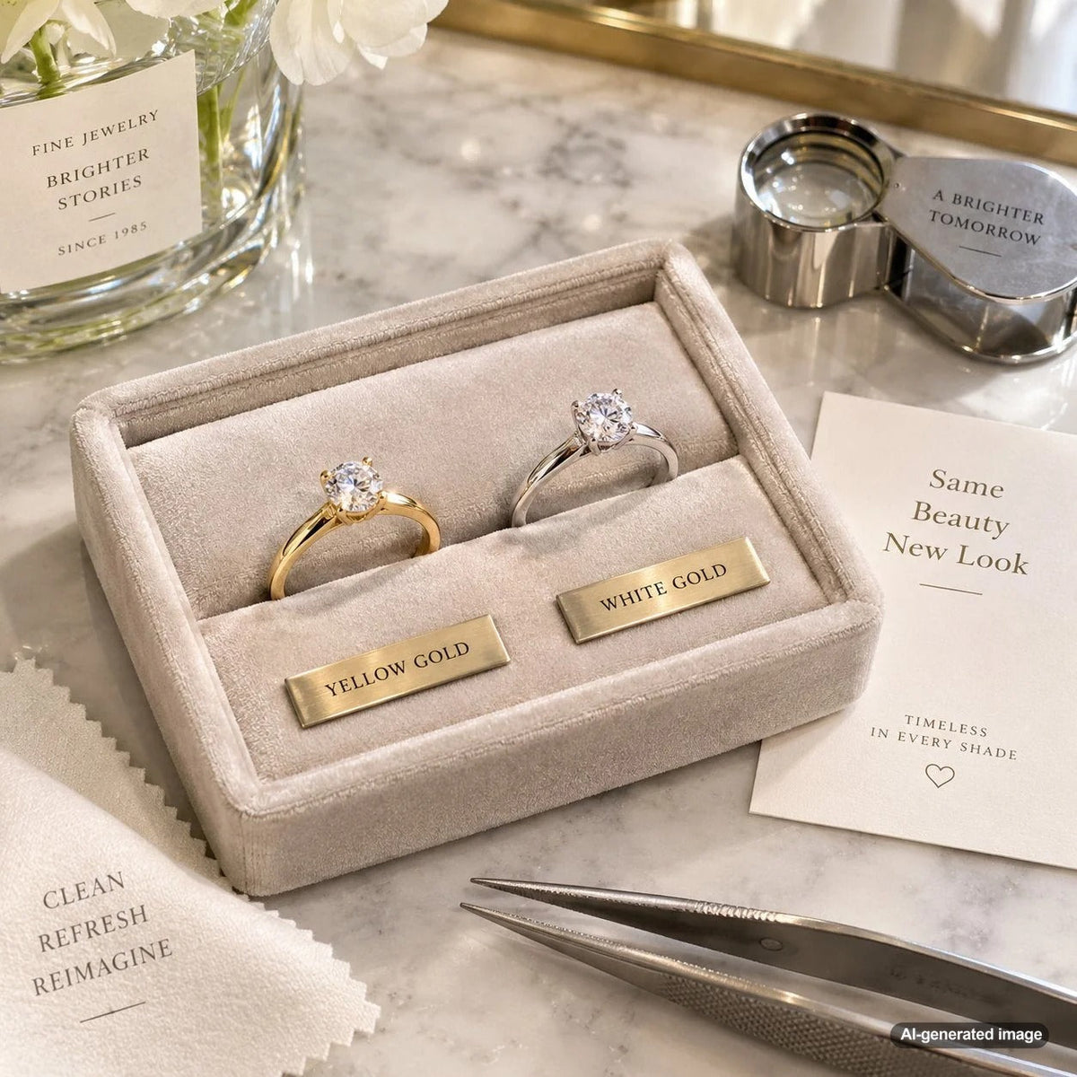 Yellow gold ring transformed with a bright white rhodium plated finish