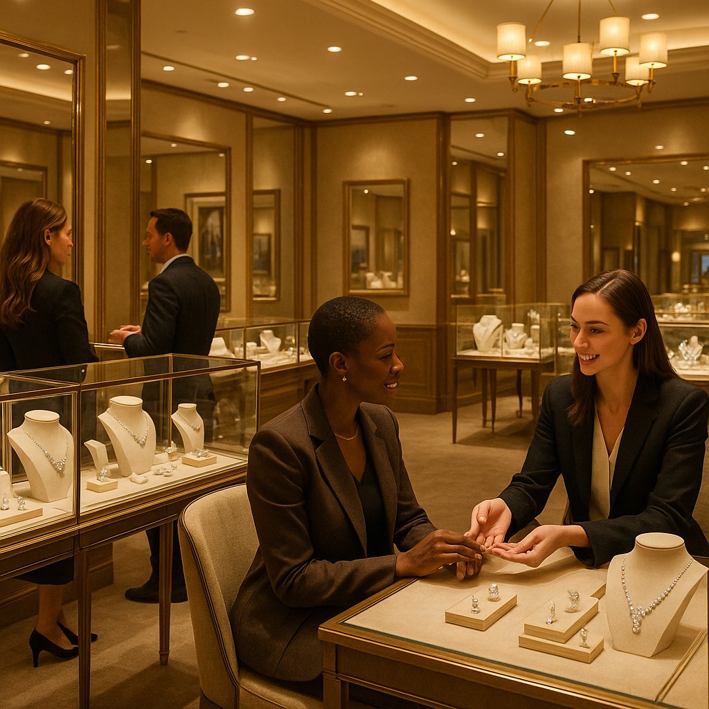 Woman negotiating with a jeweler over a diamond ring at Robinson's Jewelers