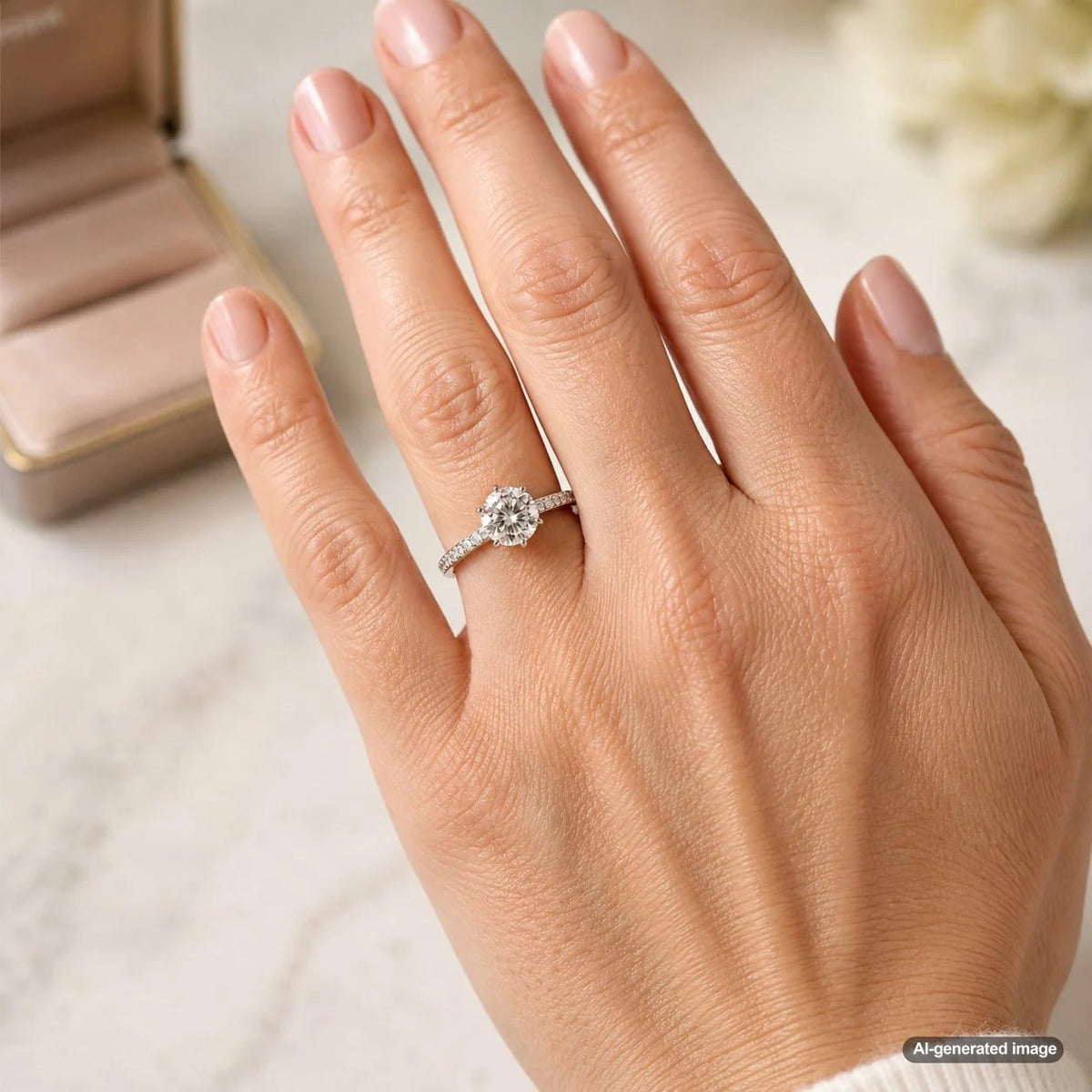 A low-set engagement ring sitting flush against the finger for comfort and security
