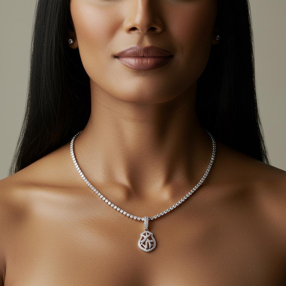 A diamond tennis necklace with a pendant styled elegantly