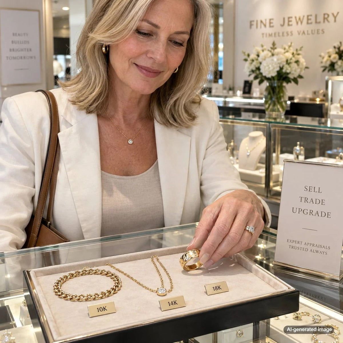 Mixed 10K, 14K, and 18K gold jewelry arranged for professional evaluation and sale