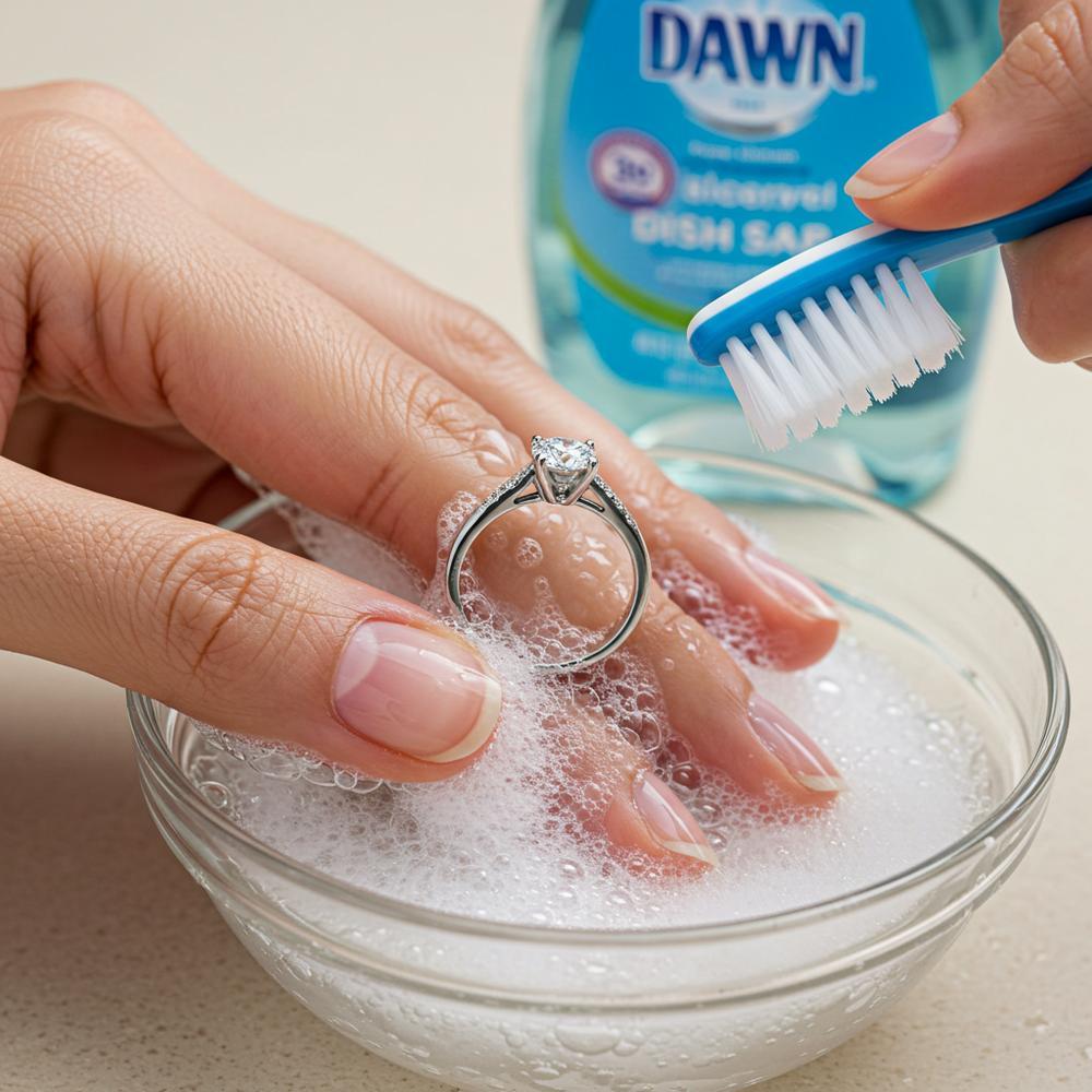 A bowl of soapy water with jewelry being cleaned using Dawn dish soap