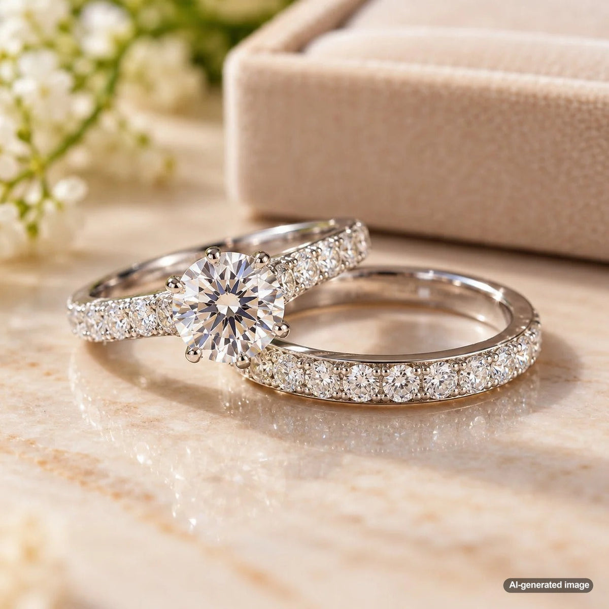Lab-grown diamond wedding band paired with a natural diamond engagement ring in an elegant bridal jewelry combination