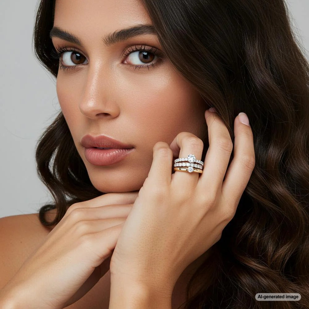 Platinum and gold rings stacked together elegantly