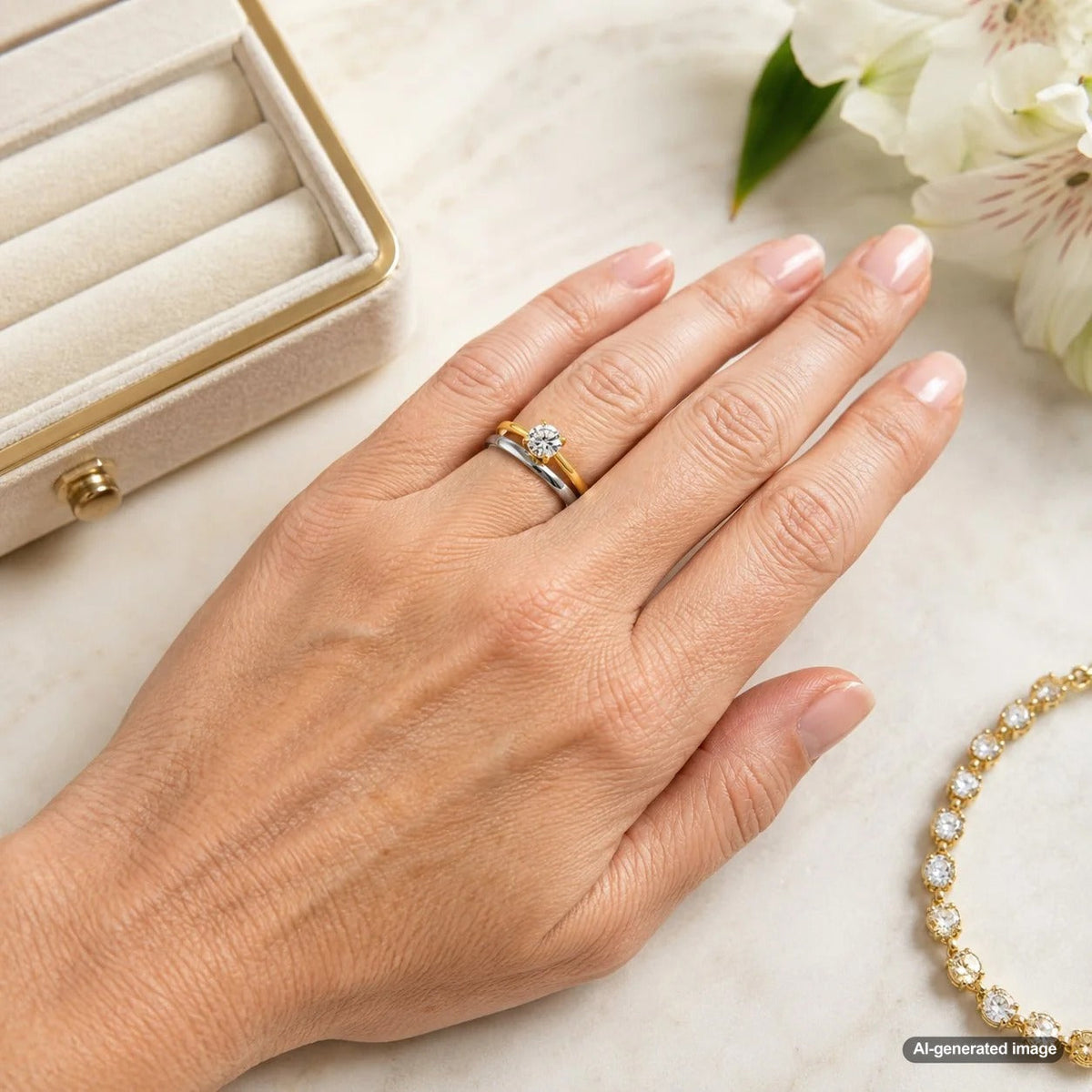 A stunning side-by-side comparison of a yellow gold diamond engagement ring and a platinum wedding band, symbolizing the beauty of mixed metals.
