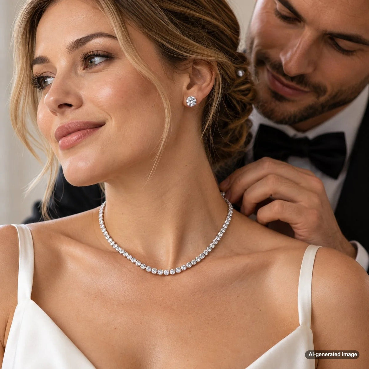 Natural diamond stud earrings paired with a sparkling lab-grown diamond tennis necklace for an elegant mixed diamond jewelry look