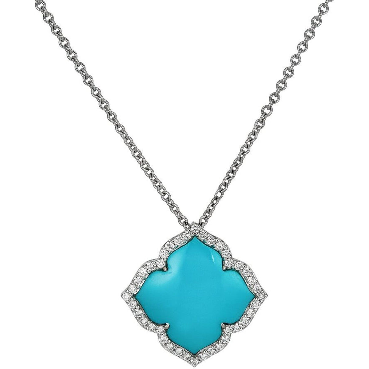 Turquoise and Diamond Necklace by Robinson's Jewelers, featuring a bright turquoise gemstone surrounded by sparkling diamonds in an elegant design