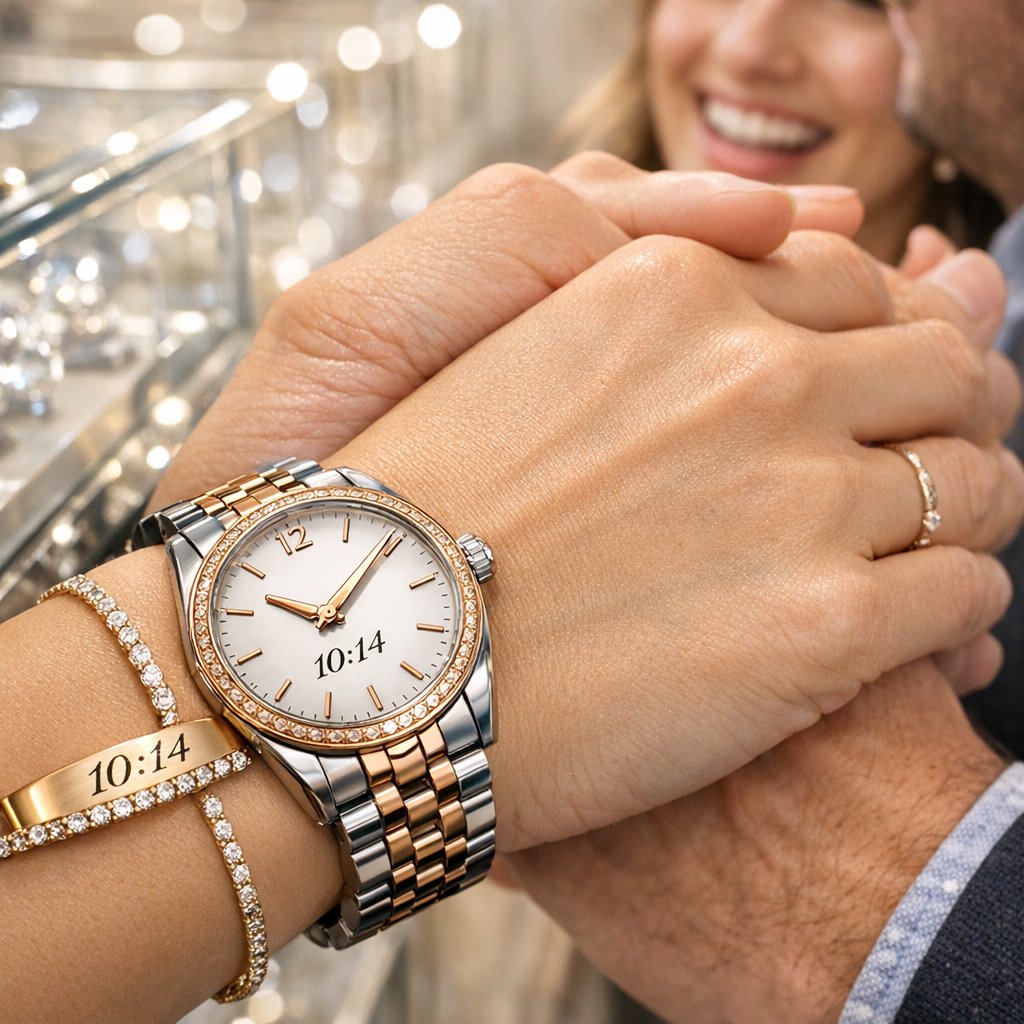 A pair of elegant hands holding a beautiful open locket with a custom engraved time and date inside, representing a life-changing moment
