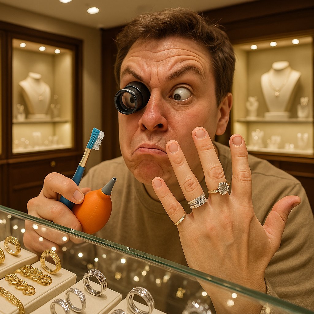 A collection of gold, silver, and platinum jewelry laid out on a soft cloth, showcasing rings, necklaces, and bracelets for a care guide.