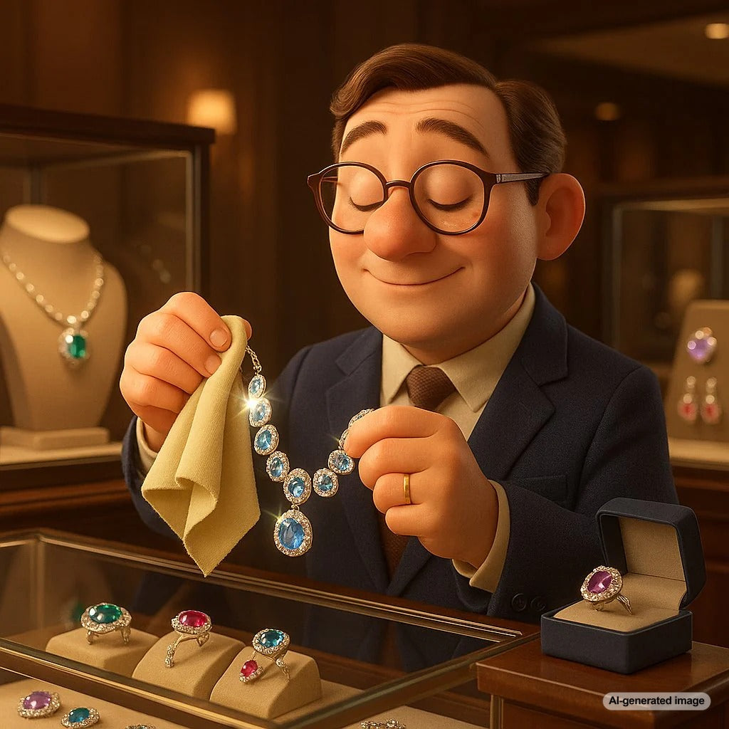 Close-up of a woman's hands carefully cleaning a sparkling diamond ring with a soft cloth beside a beautifully organized jewelry box.