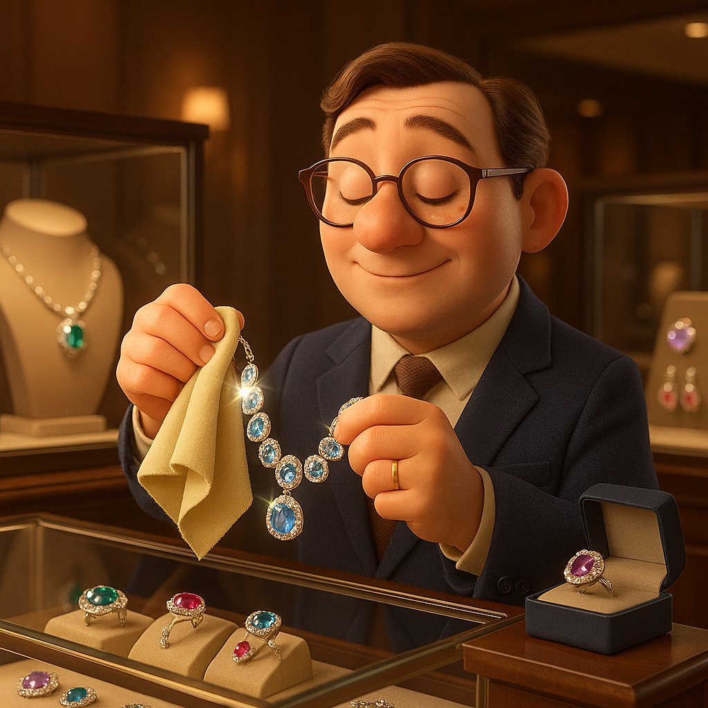 Close-up of a woman's hands carefully cleaning a sparkling diamond ring with a soft cloth beside a beautifully organized jewelry box.