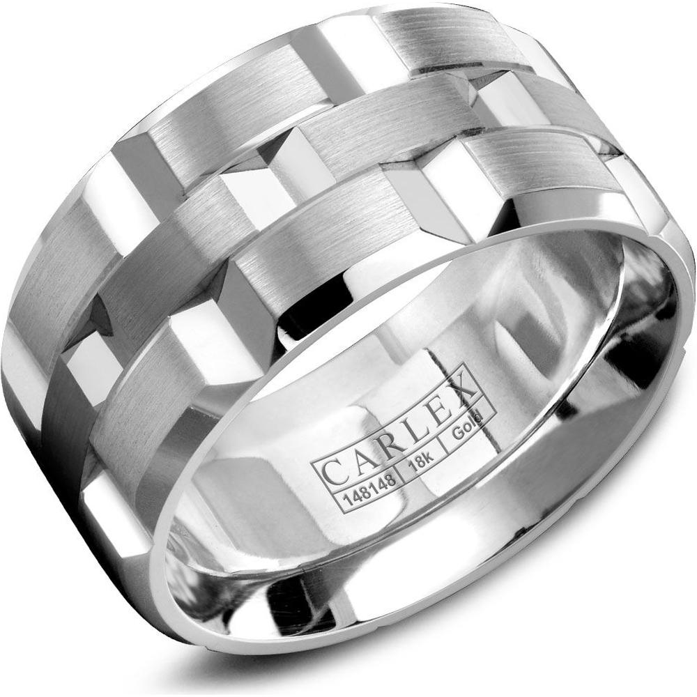 Carlex G1 Men's 11mm White Gold Wedding Band with Brushed Finish and Polished Geometric Notches