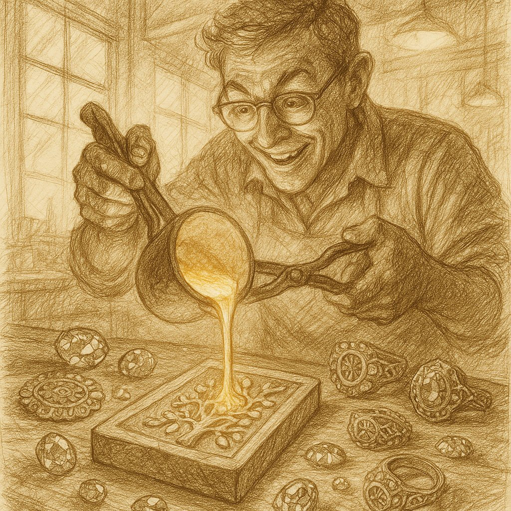 Close-up of the lost-wax casting process showing a detailed wax model and the resulting finished metal jewelry piece.