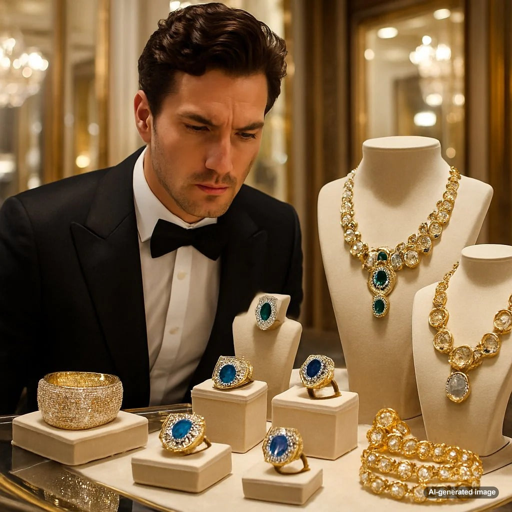 Opulent vintage jewelry collection featuring diamond necklaces, pearl earrings, and gemstone rings on velvet