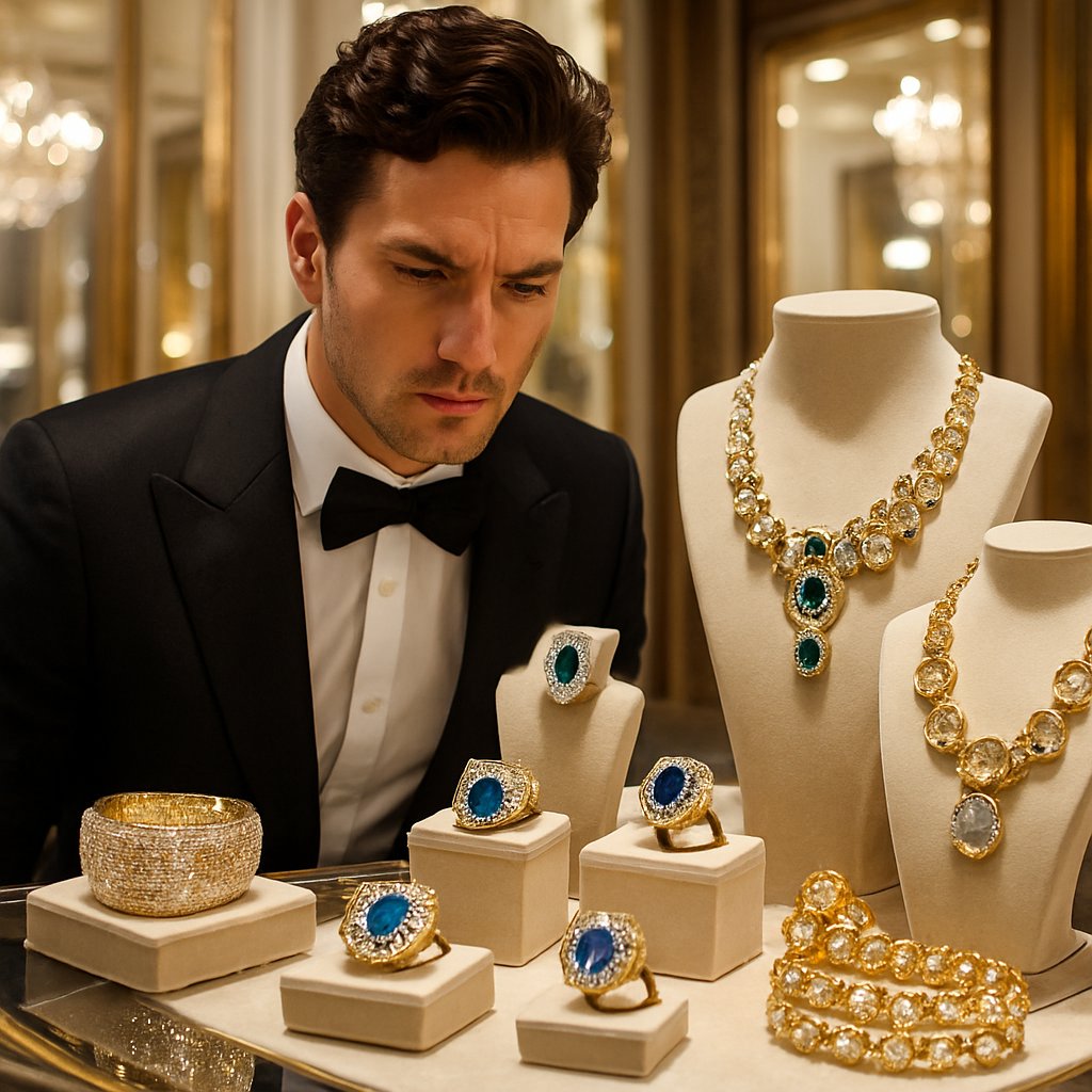 Opulent vintage jewelry collection featuring diamond necklaces, pearl earrings, and gemstone rings on velvet