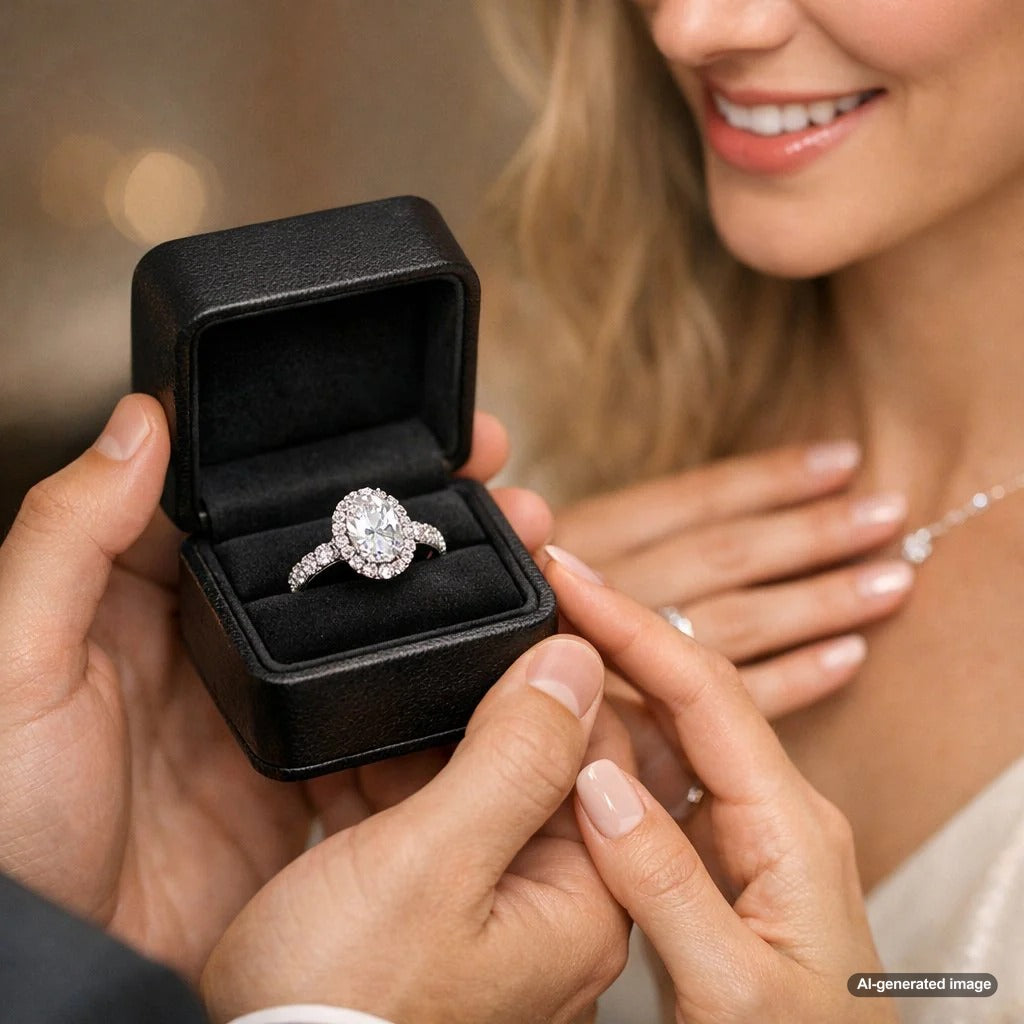 A collage of celebrity-inspired engagement rings featuring oval, emerald, and vintage cuts with custom settings