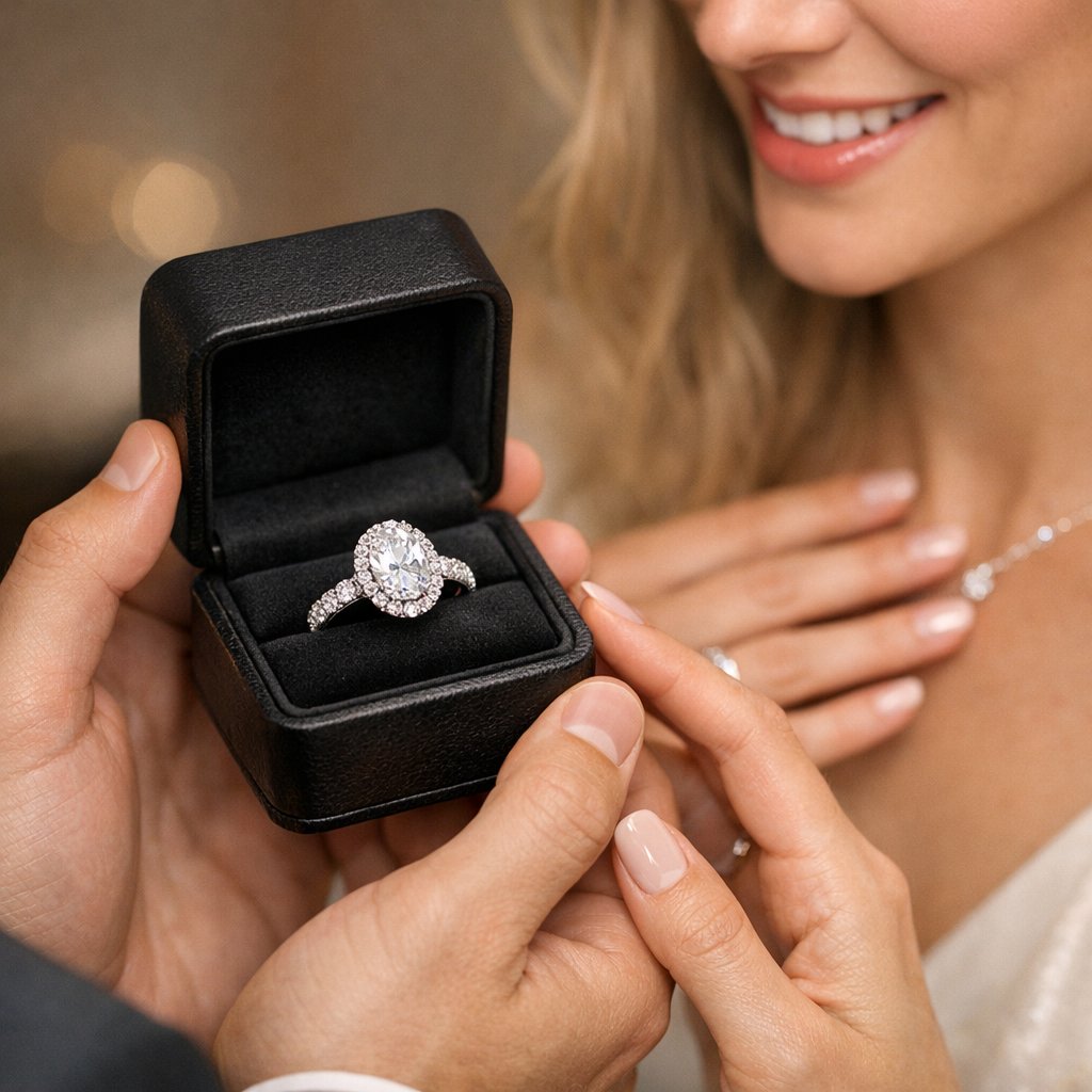 A collage of celebrity-inspired engagement rings featuring oval, emerald, and vintage cuts with custom settings