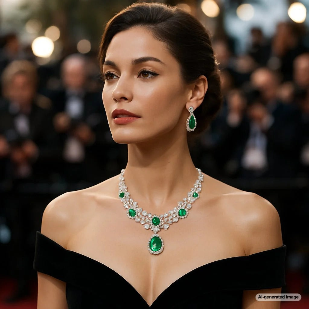 Celebrity red carpet jewelry featuring diamond necklaces, emerald rings, and sapphire pieces displayed on black velvet