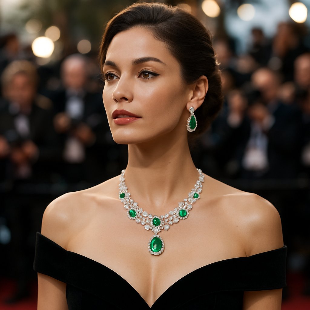 Celebrity red carpet jewelry featuring diamond necklaces, emerald rings, and sapphire pieces displayed on black velvet