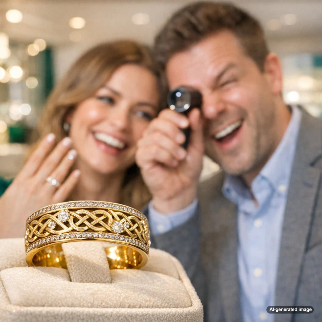 Close-up of two elegant Celtic knot wedding bands, one in yellow gold and one in white gold, intertwined on a velvet background.