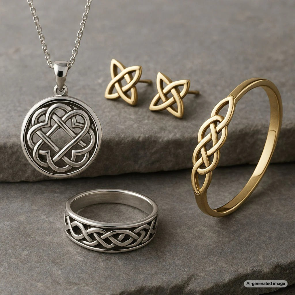 Modern Celtic knotwork jewelry featuring intricate gold and diamond designs