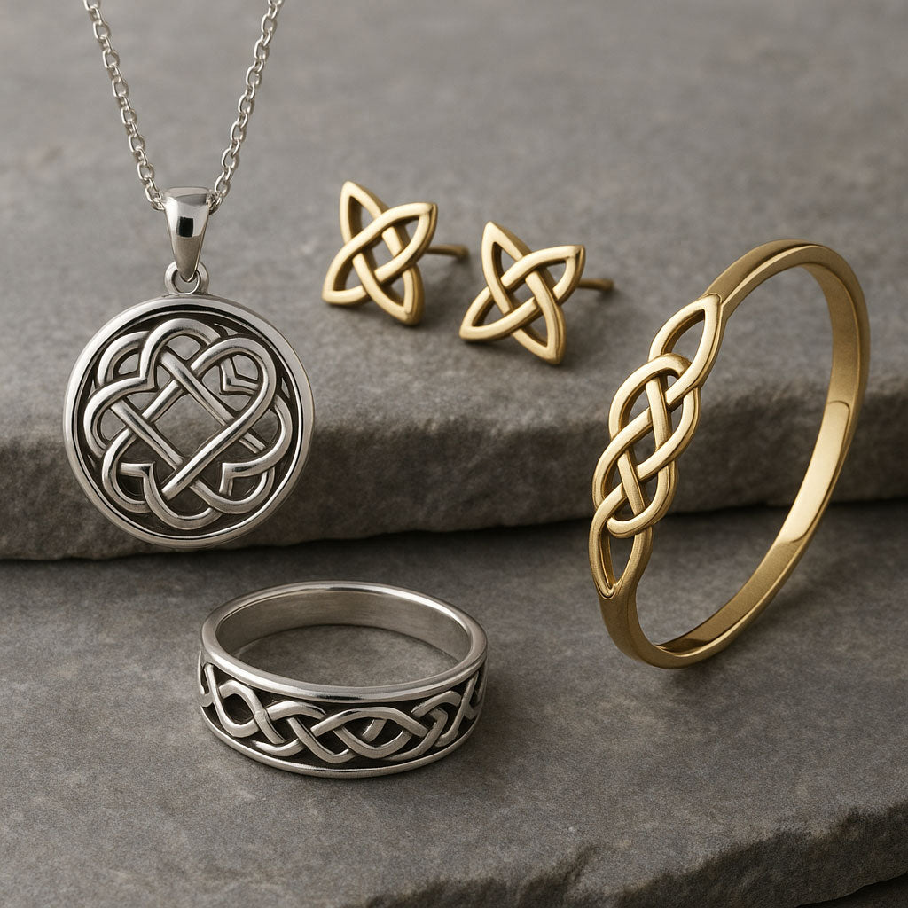 Modern Celtic knotwork jewelry featuring intricate gold and diamond designs