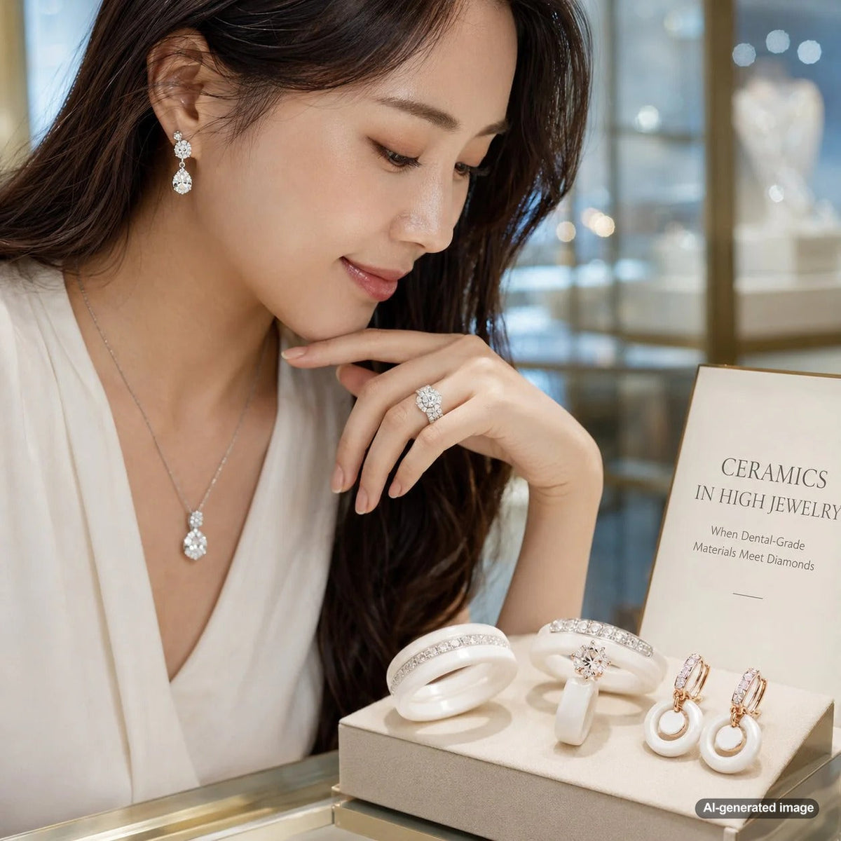 A stunning high jewelry ring showcasing the fusion of dental-grade ceramic and diamonds against a luxurious background.