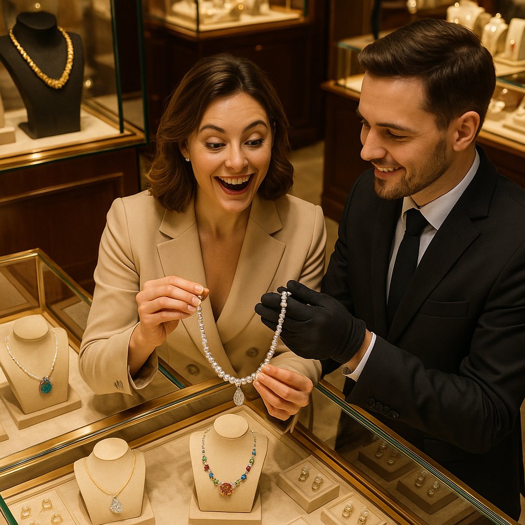 A couple happily choosing an engagement ring with a knowledgeable jeweler at Robinson's Jewelers