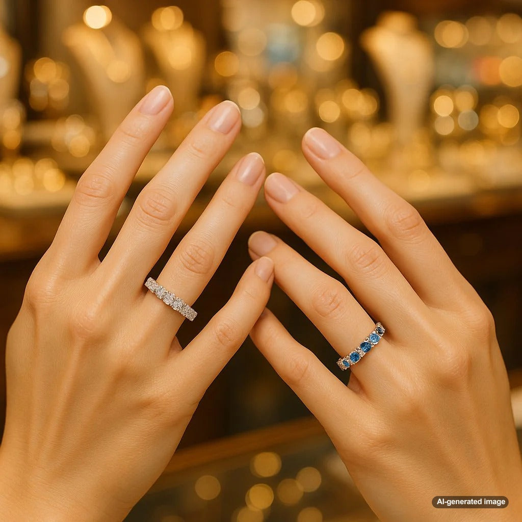 Full and partial diamond eternity bands displayed together at Robinson's Jewelers