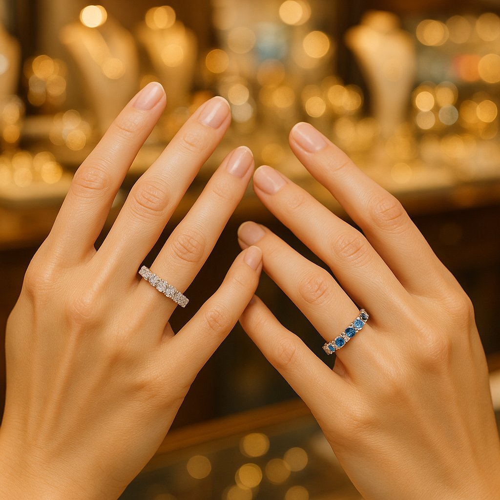 Full and partial diamond eternity bands displayed together at Robinson's Jewelers