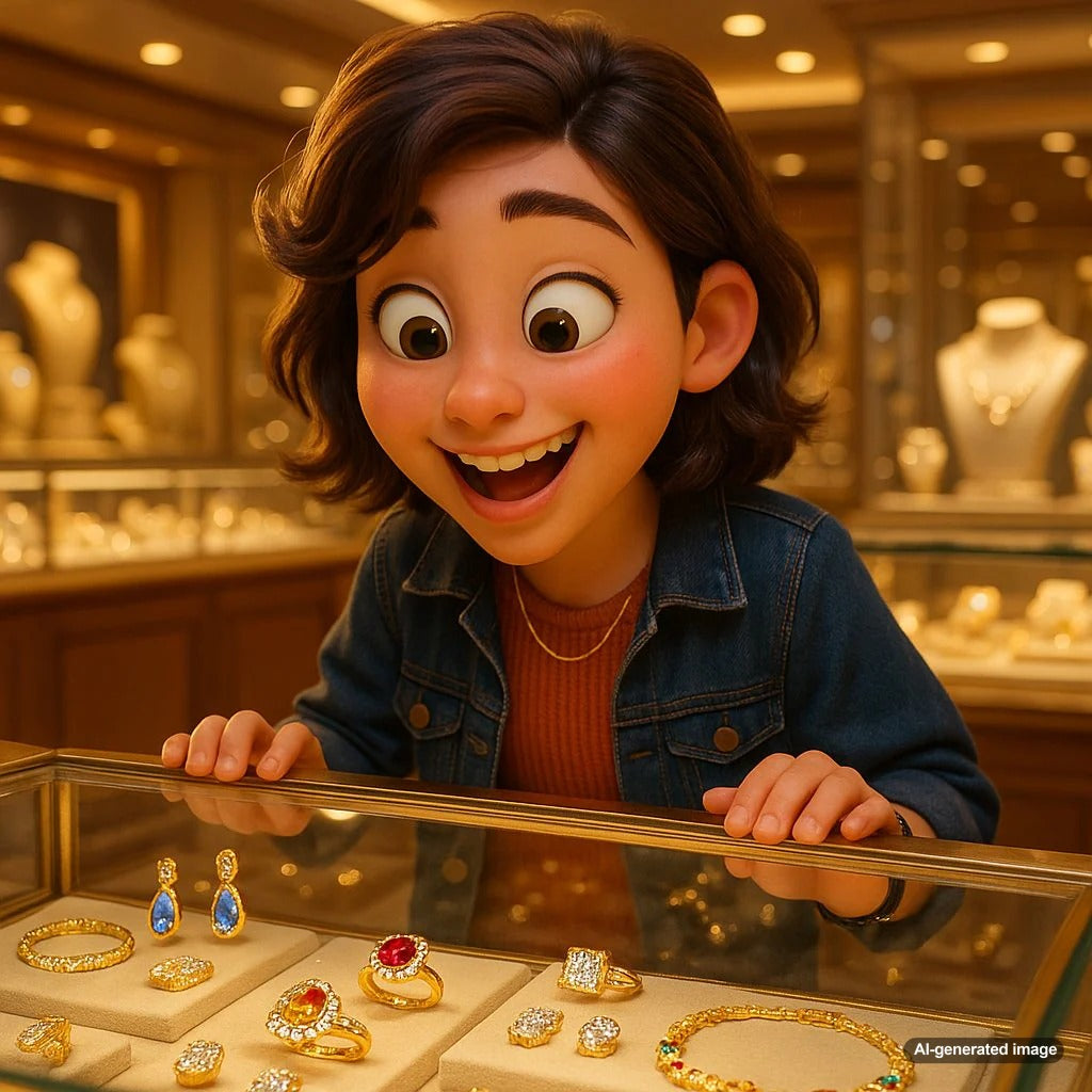 A smiling teenager happily trying on a delicate gold necklace at Robinson's Jewelers, with a display of fine jewelry sparkling in the background.