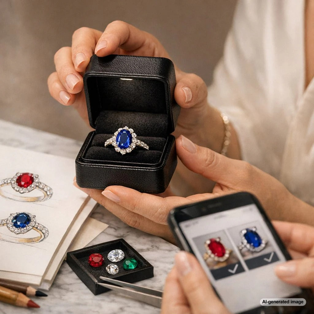 Collaborative jewelry design voting concept showing gemstone sketches and social media poll on tablet surrounded by loose gemstones and jewelry tools