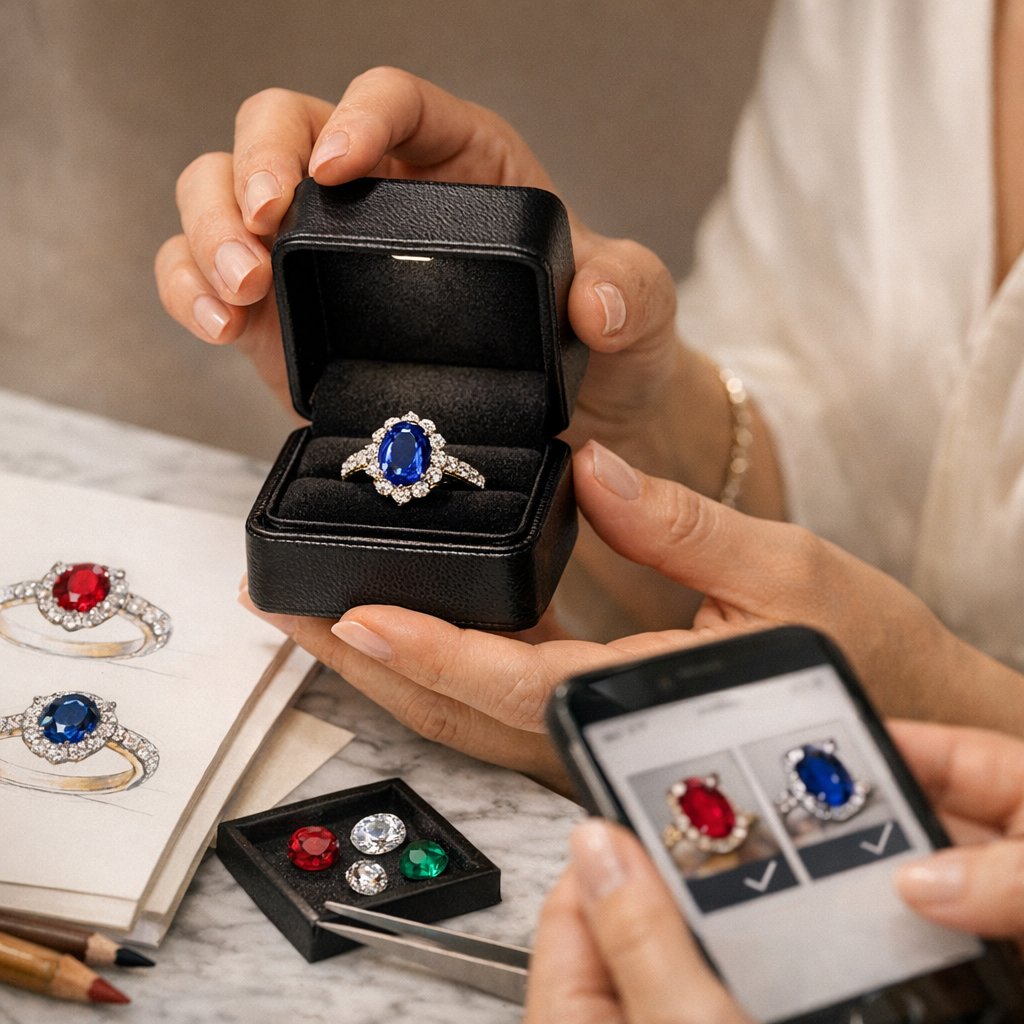 Collaborative jewelry design voting concept showing gemstone sketches and social media poll on tablet surrounded by loose gemstones and jewelry tools