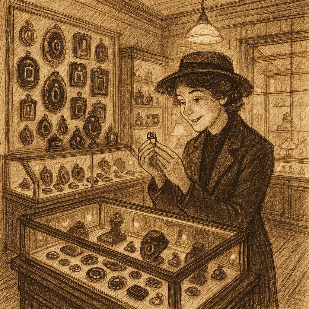 Close up of antique Georgian mourning jewelry featuring black enamel, gold, and hairwork under glass