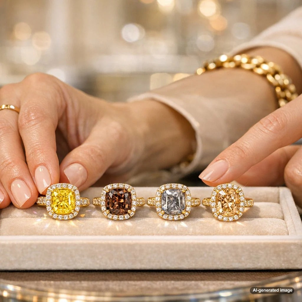 A stunning assortment of loose fancy colored diamonds in yellow, champagne, brown, and gray hues displayed on a black background.