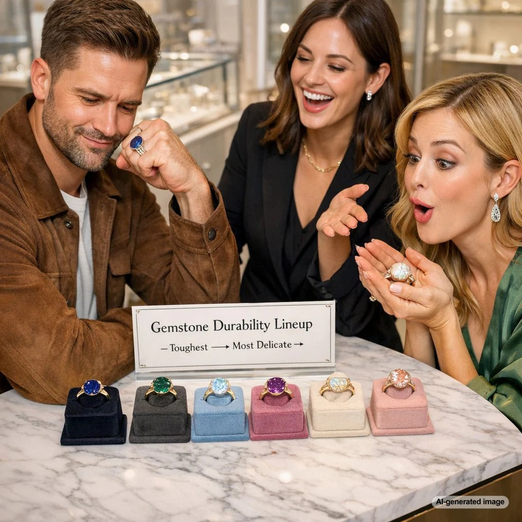 Colorful chart ranking the durability of popular gemstones for engagement rings like sapphire, ruby, morganite, and tanzanite