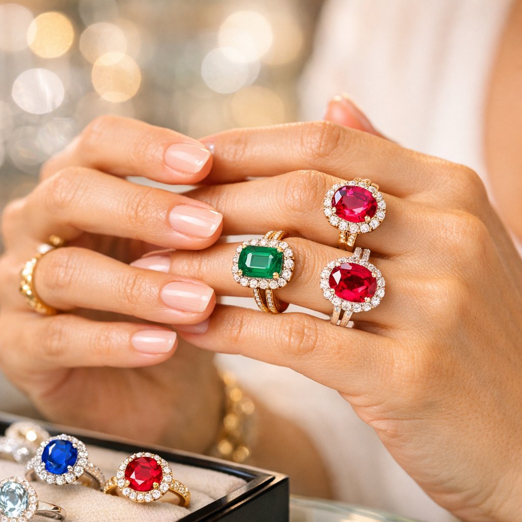 A stunning assortment of colored gemstone rings, including sapphire, ruby, and emerald, artfully arranged to showcase vibrant alternatives to traditional diamond solitaires.