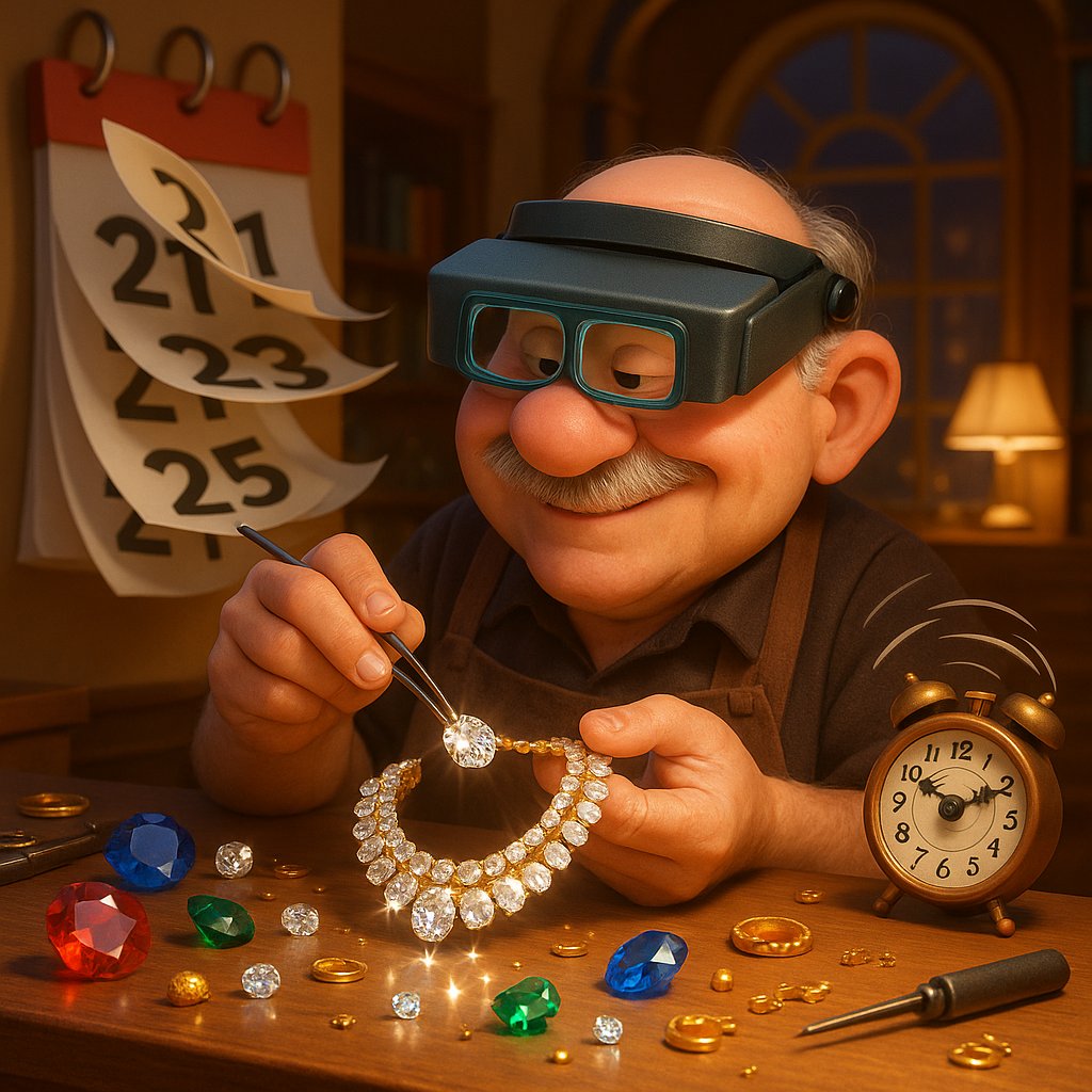 Custom jewelry design process at Robinson's Jewelers showing sketches, gemstones, and finished pieces