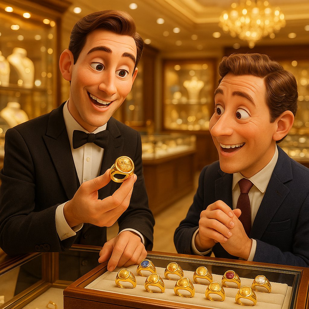 Close-up of a custom gold signet ring featuring a finely engraved portrait of a dog, showcasing detailed craftsmanship at Robinson's Jewelers.