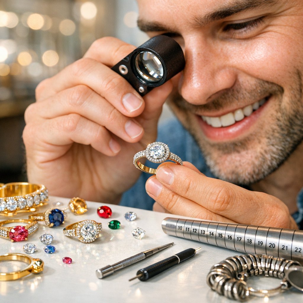 Close-up of a jeweler's hands performing a precision repair on a diamond ring with specialized tools