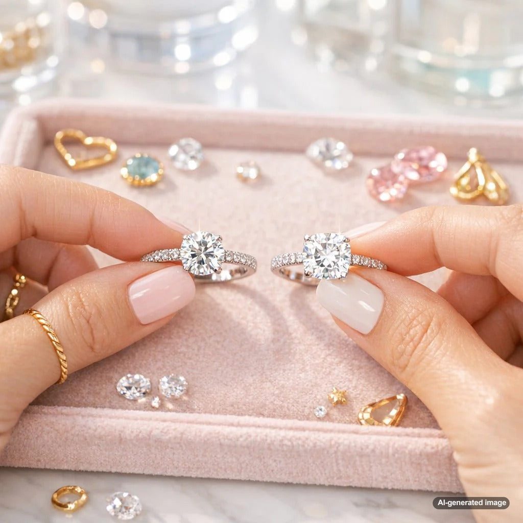 Close-up side-by-side comparison of a round brilliant cut diamond and a cushion brilliant cut diamond sparkling on dark velvet