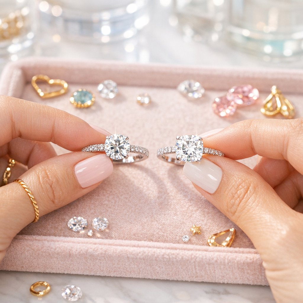 Close-up side-by-side comparison of a round brilliant cut diamond and a cushion brilliant cut diamond sparkling on dark velvet