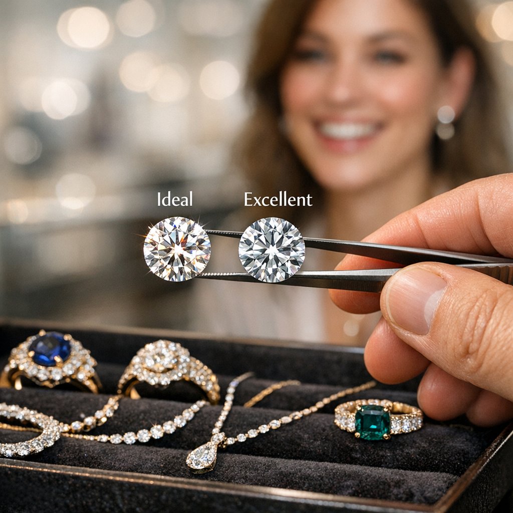 Close-up comparison of an Ideal Cut diamond and an Excellent Cut diamond sparkling against a dark background.