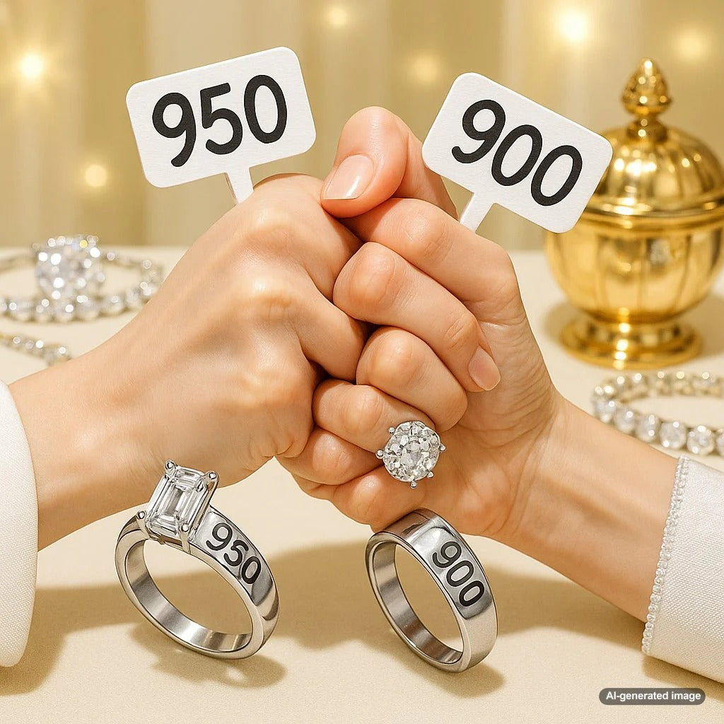 Close-up comparison of two platinum wedding bands, showcasing the luster and texture of different platinum alloys.