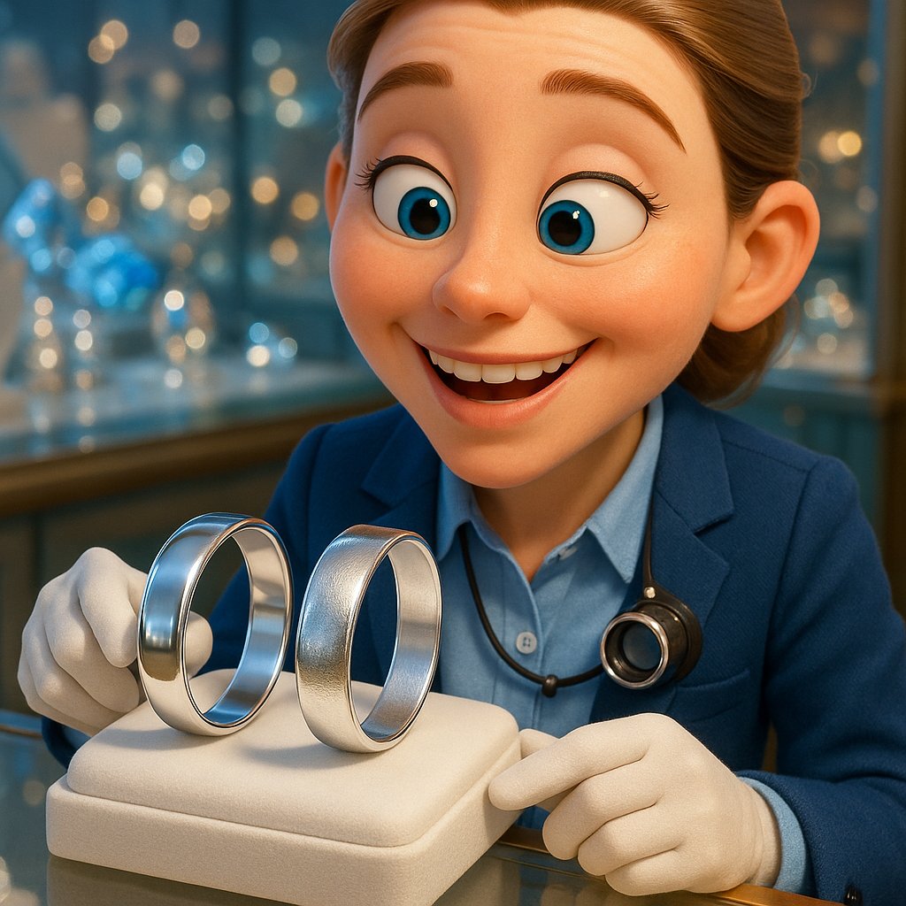 Close-up comparison showing the warm patina of a sterling silver ring versus the bright, untarnished shine of an Argentium silver ring