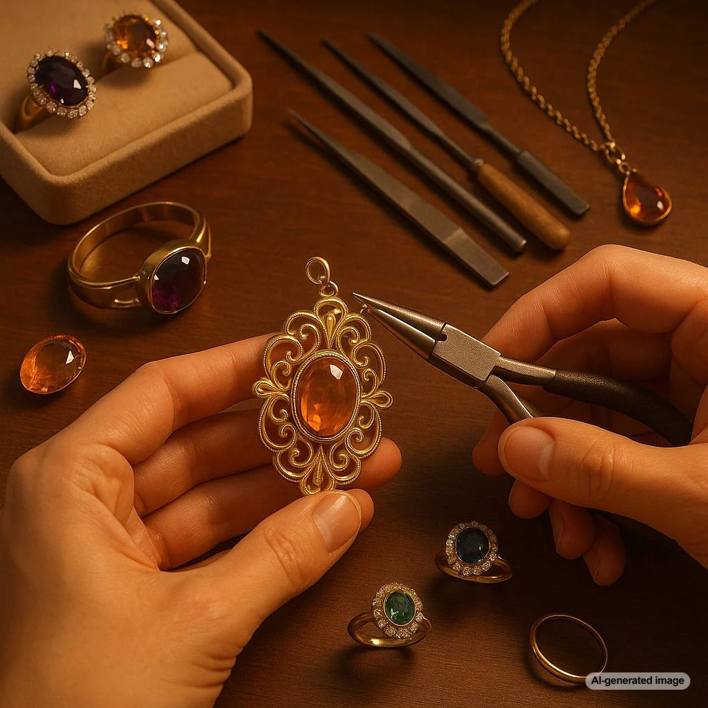Close-up image showing a vintage brooch being professionally converted into a pendant, with jewelry tools in the background.