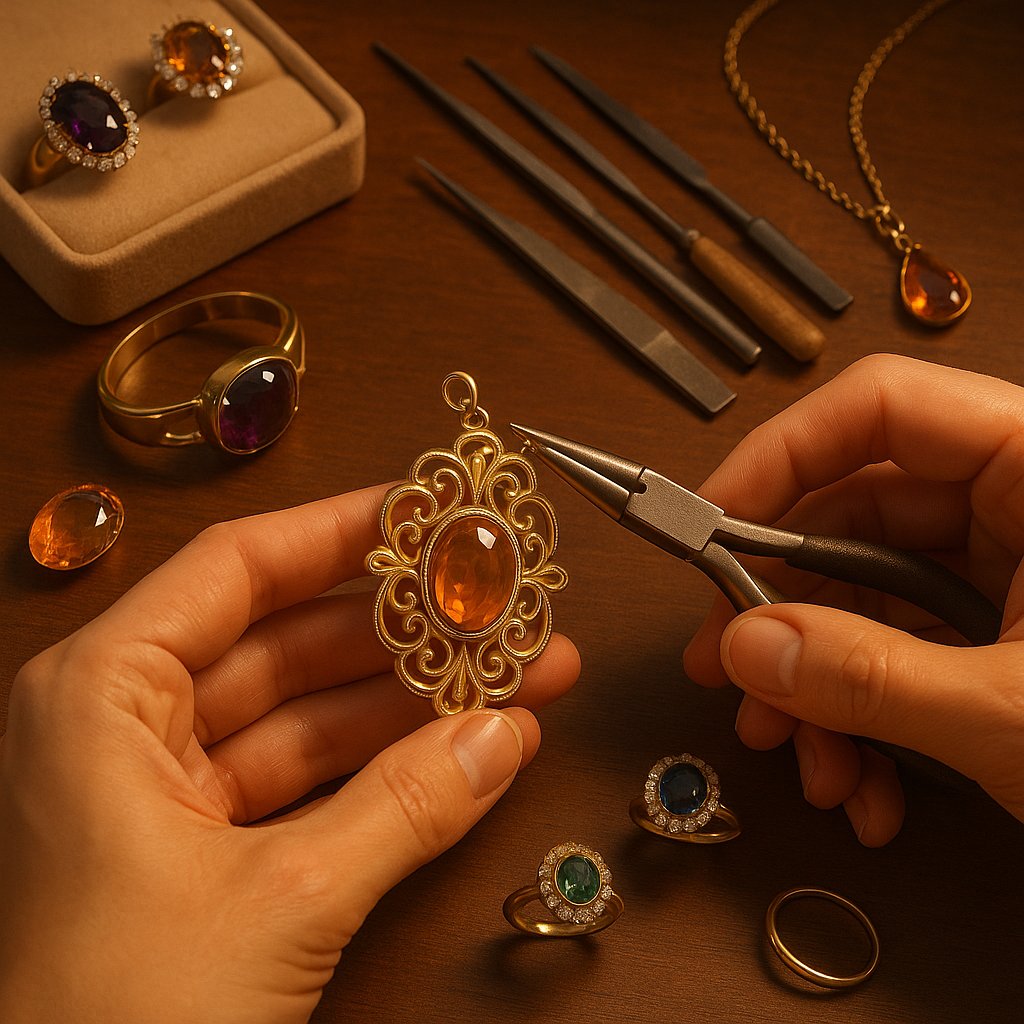 Close-up image showing a vintage brooch being professionally converted into a pendant, with jewelry tools in the background.